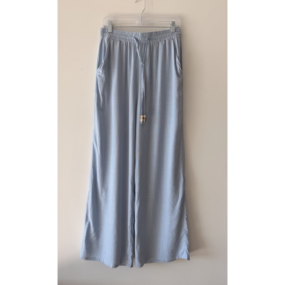 Paper Heart Blue Wide Leg Linen Blend Women's Pants Large Drawstring Charms